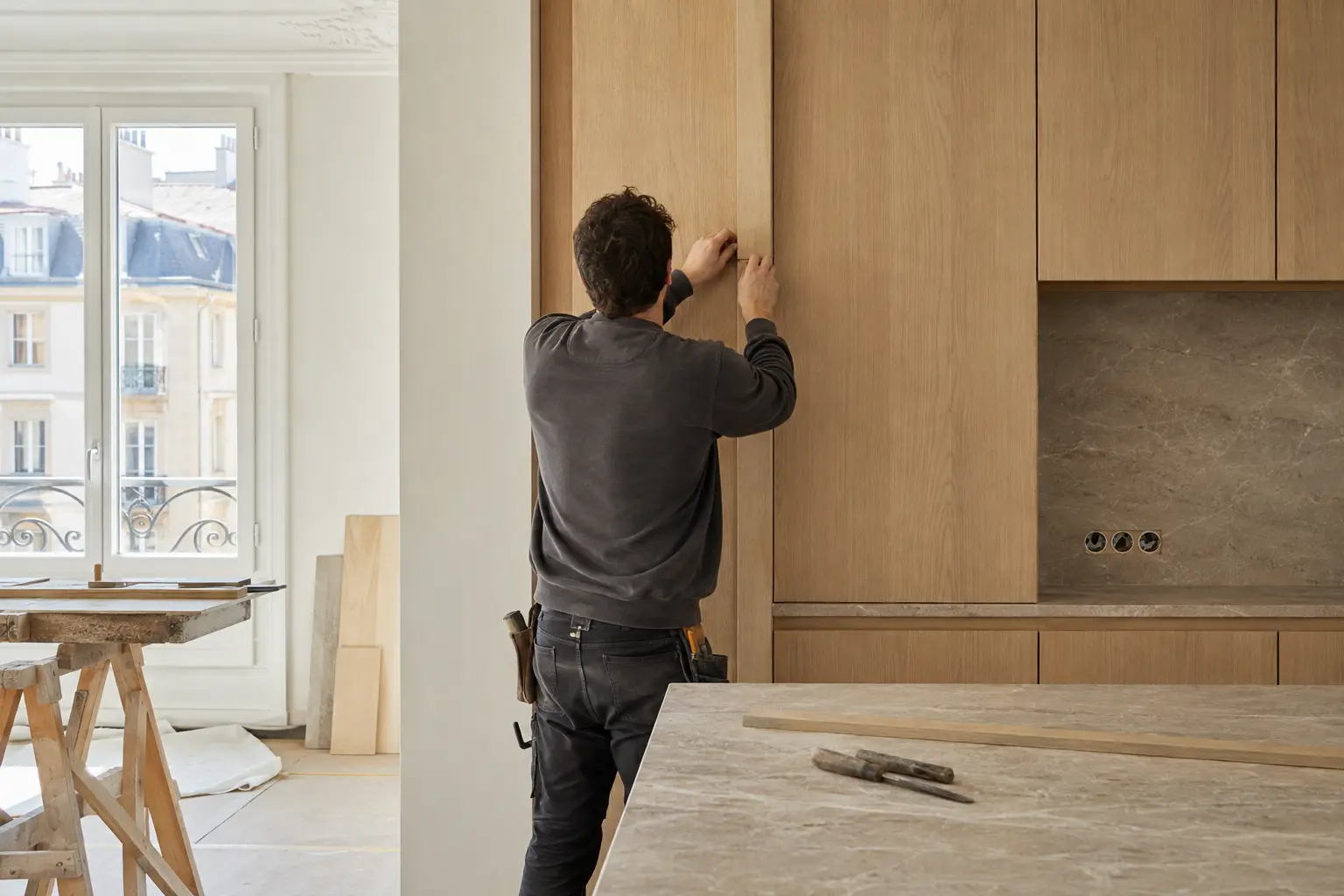 Artisan réalisant des finitions de menuiserie dans un intérieur contemporain
