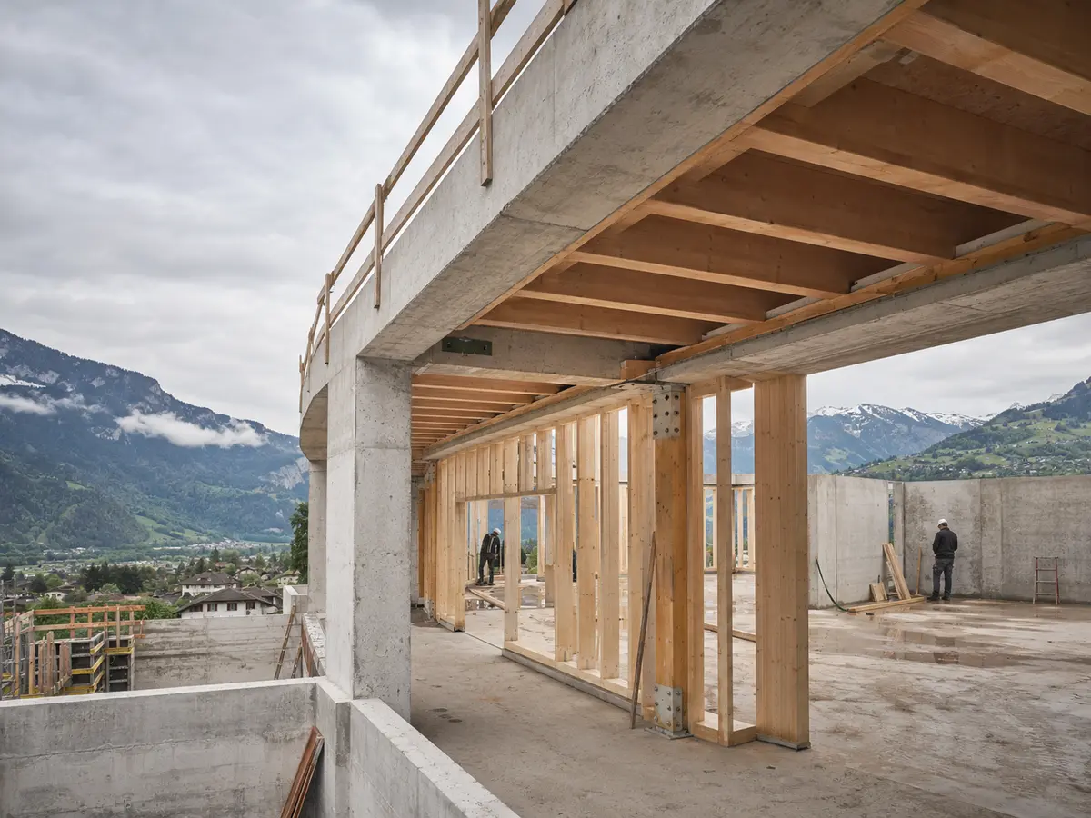 Structure en béton et bois en cours de construction
